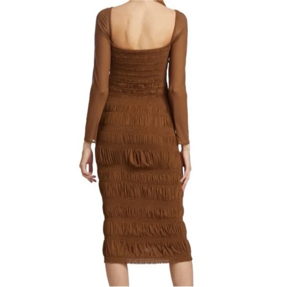 Self Portrait Midi Dress Shirred Mesh Long Sleeve Ruched Chocolate Brown Size 6 - Picture 7 of 13